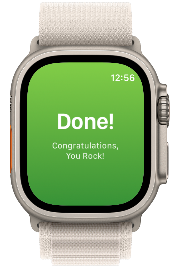 Workout completed screen in Ares Intervals app on Apple Watch Ultra showing “Done! Congratulations, You Rock!”