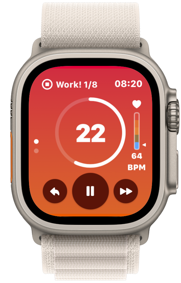 Apple Watch showing the Ares Interval app during a HIIT workout — countdown timer, heart rate zones, BPM display, and Apple Health integration